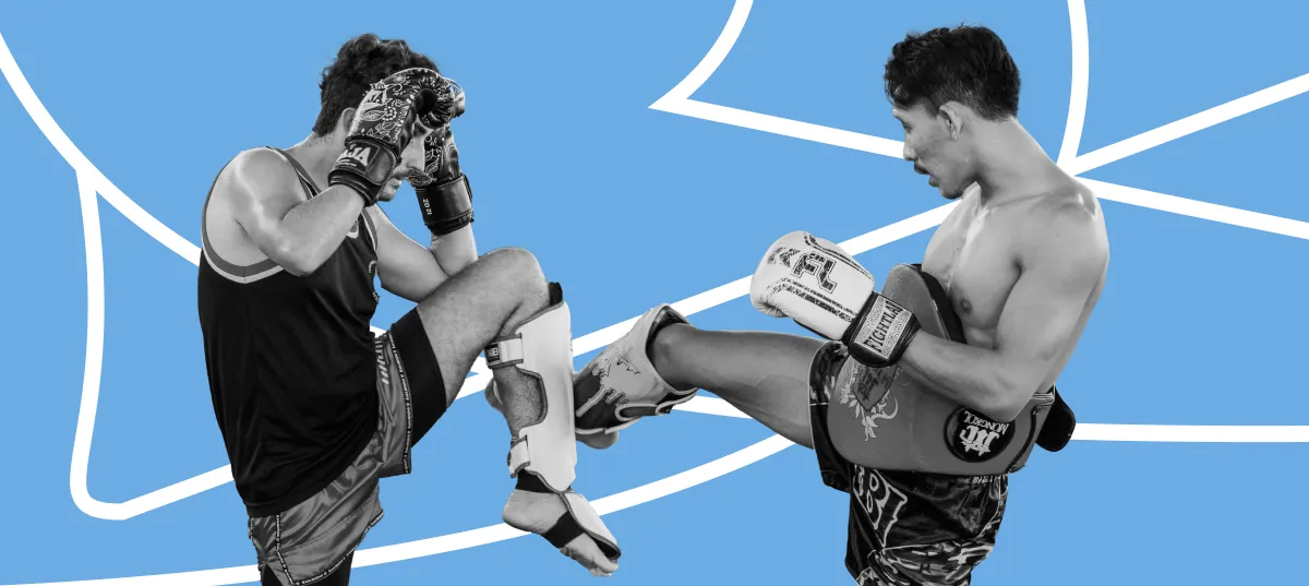 Two kick boxers fighting in front of an abstract blue background with white lines
