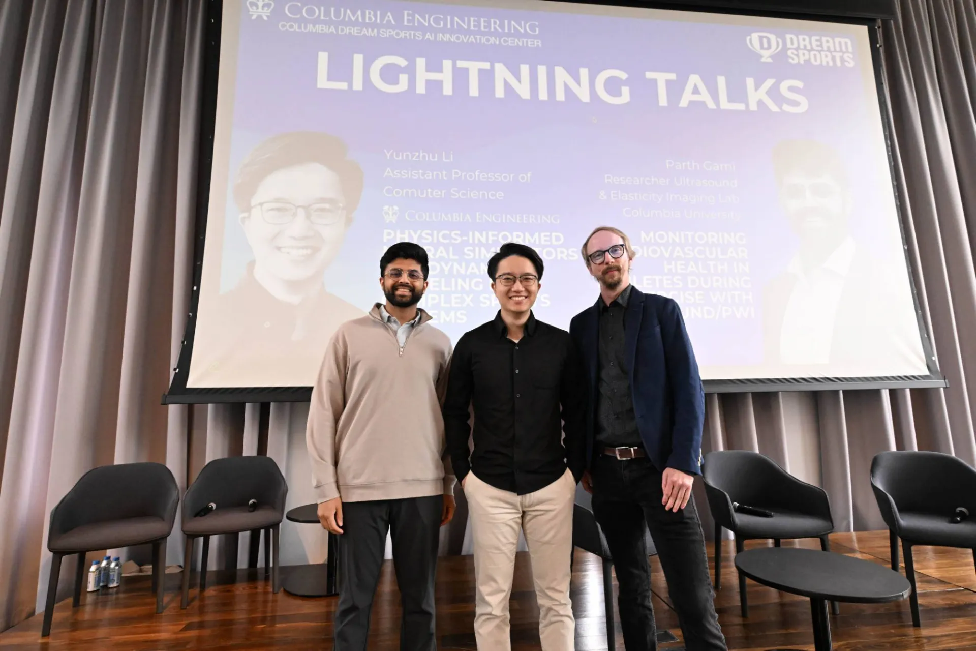 image of 3 "lightning talks" panelists huddled for a group picture, behind them a graphic showing their credentials and "lightning talks" in large text